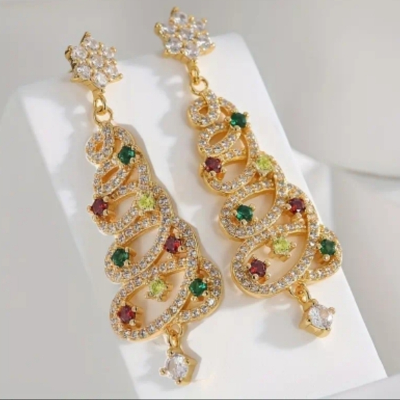 Elegant Christmas Tree Dangle Earrings With Multicolor Zirconia Stones Gold - Picture 2 of 5